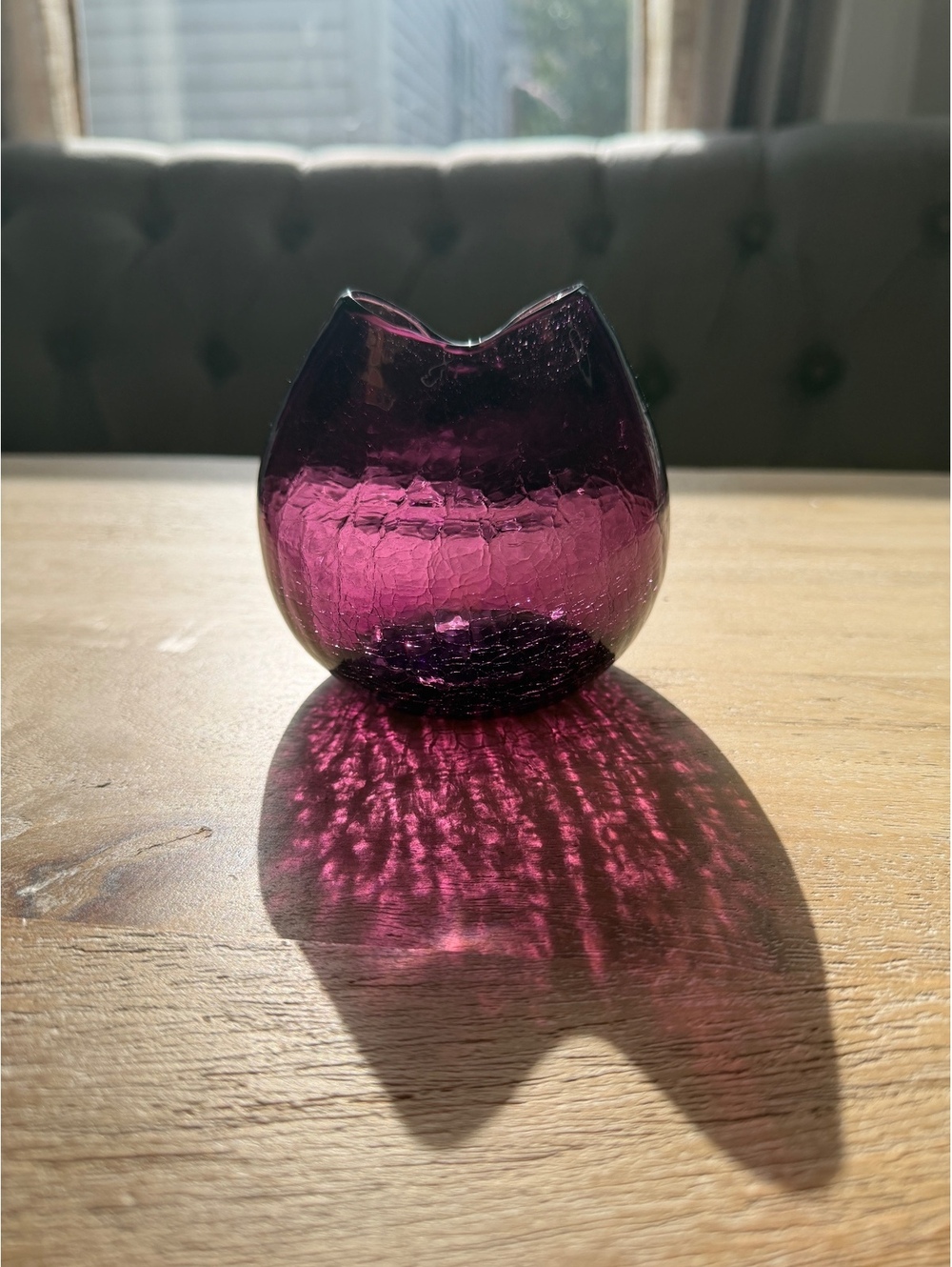 Vintage Blenko Amethyst CrackleGlass Pinched Vase-MCM Purple Art Glass Rose Bowl